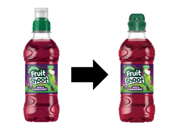 Fruit Shoot bottle with old style cap made of three pieces of plastic - cap, spout and dustcap - and new bottle with a sports cap made from one piece of plastic