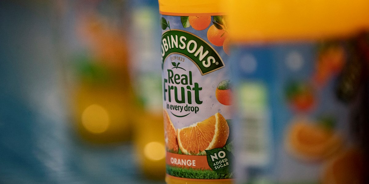 Close up bottle shot of Robinsons Orange squash.
