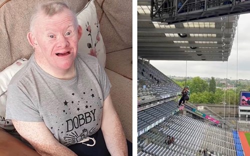 Photo of Bobby wearing a grey t-shirt and photo of Danielle abseiling